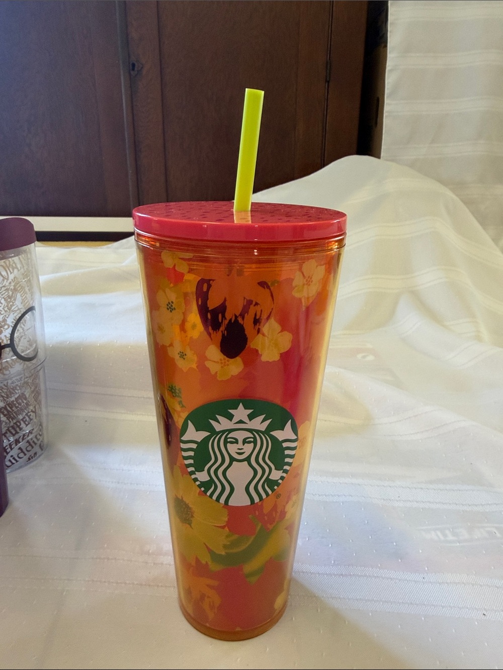 Starbucks Orange Floral Tumbler with Pink Lid and Lime Straw